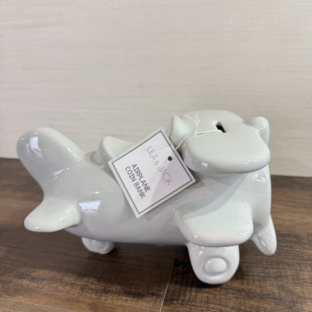 Lila & Jack Gray Ceramic Airplane Piggy Bank Nursery Decor New NWT